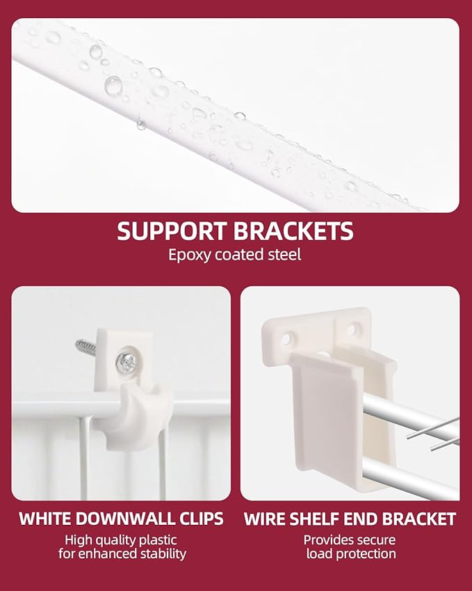 Heavy Duty Shelf Brackets for 12" Closet Maid - 25kg Max Load Rust-Proof Metal Kit w/4 Rack Support Brackets, 4 End & 10 Clips, Easy Install Wire Shelving in Laundry, Closet, Garage, Kitchen, RV