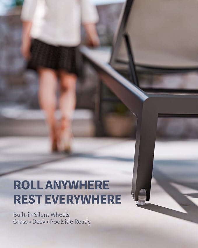 Aluminum Lounge Chairs Outdoor Chaise Furniture,2 Sets Patio Metal Deck Lounger Adjustable 5-Position Poolside Chase Recliner with Wheels for Beach,Coffee Table, (Khaki, 2 Chairs + Table)