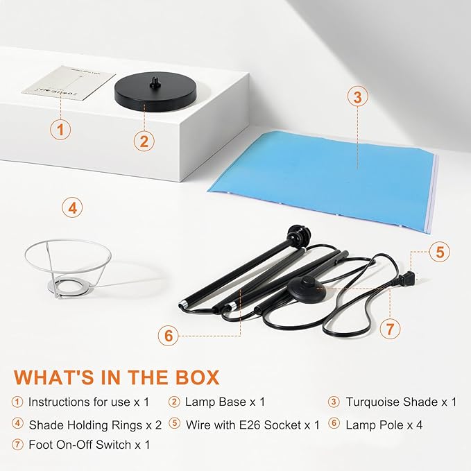 FRIDEKO HOME Floor Lamp with Turquoise Shade, Simple Design with Foot Pedal Switch, Small Tall Lamps for Living Room Bedroom, Corner Floor Stand Light with Black Pole Lamp (No Remote，No Bulb)