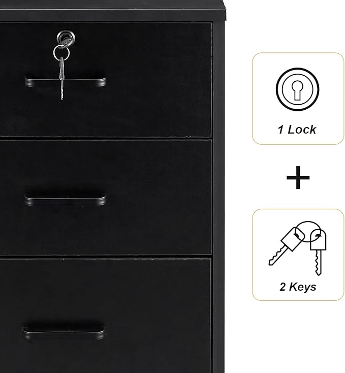 TUKAILAi Mobile File Cabinet with 3 Drawers, Lockable Storage Unit Wooden Rolling Office Filing Cabinet with Wheels, for Legal/Letter/A4 Sized Documents Home Office (Black 1PCS)