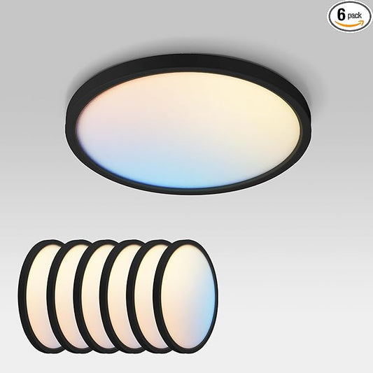 ASD LED 9" Round Flush Mount Ceiling Light Fixture, Low Profile Surface Lighting | 5CCT, Dimmable, Ultra-Thin, ETL Listed | 18W 1660LM 2700-6000K 120V | Kitchen, Bedroom, Hallway Lamp | Black, 6 Pack