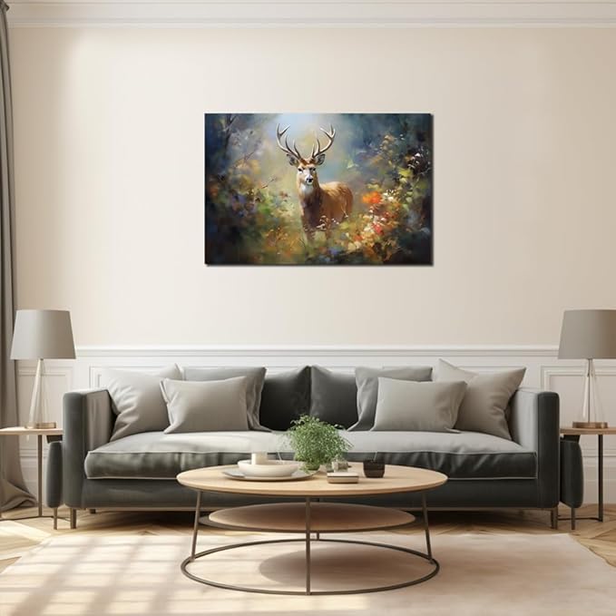 Deer Wall Art Decor Elk Canvas Pictures Forest Landscape Theme Art Print Wildlife Canvas Artwork for Living Room Watercolr Animal Canvas Art for Bedroom Bathroom Home Office Decorations(24"×36")