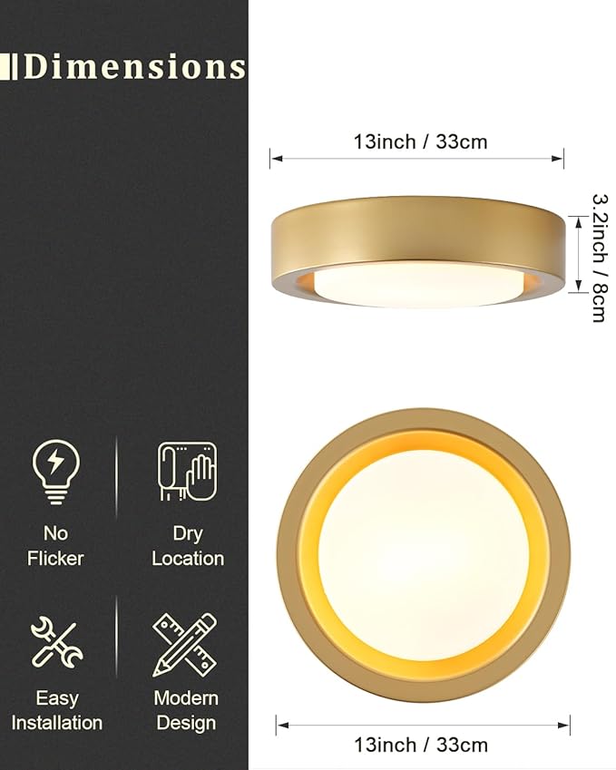 13 Inch Flush Mount Ceiling Light,Gold Finish Plate with Frosted Glass Shade,Round Ceiling Lighting Fixture for Hallway Bedroom Closet Livingroom Kitchen Stairwell (Gold)