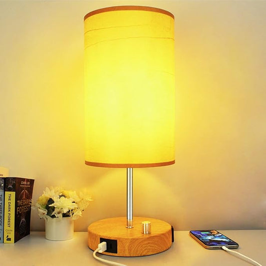 HiBay 17.75"H Dimmable LED Bedside Table Lamp with USB Charging Ports & AC Outlet, Modern Wood-Grain Nightstand Light for Bedroom, Office, Living Room, Kids Room, Round Fabric Shade, E26 Bulb Included