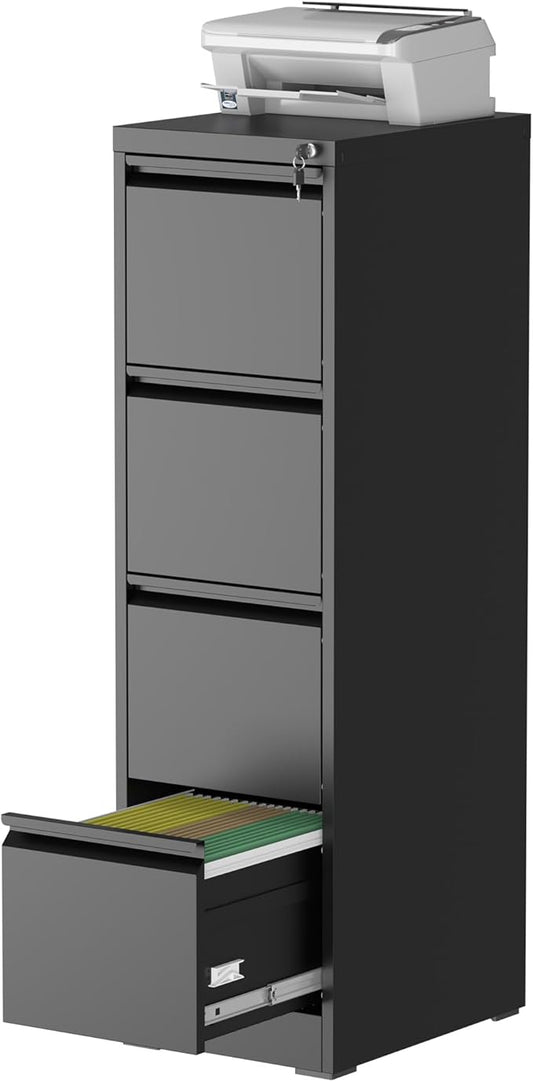 4 Drawer File Cabinet with Lock, Steel Vertical Filing Storage Cabinet for Home Office, Heavy-Duty File Cabinets for Letters/Legal/A4 (Require Assembly, Black)
