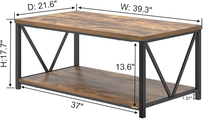 EXCEFUR Modern Coffee Table, Industrial Metal and Wood Living Room Table with Storage Shelf, Rustic Brown