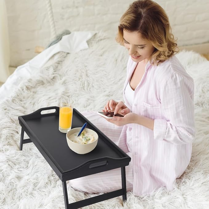 Multi-Purpose Bamboo Wood Lap Desk - Folding Legs, Breakfast Food Tray, Serving Dinner Tea TV Tray - Lightweight, Minimalist Black