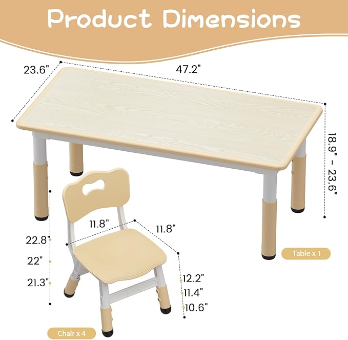 GarveeHome Kids Table and 4 Chairs Set, Height Adjustable Toddler Table and Chair Set for 4, Graffiti Desktop, Non-Slip Children Table for Home Daycare Preschool for Ages 2-8, Beige