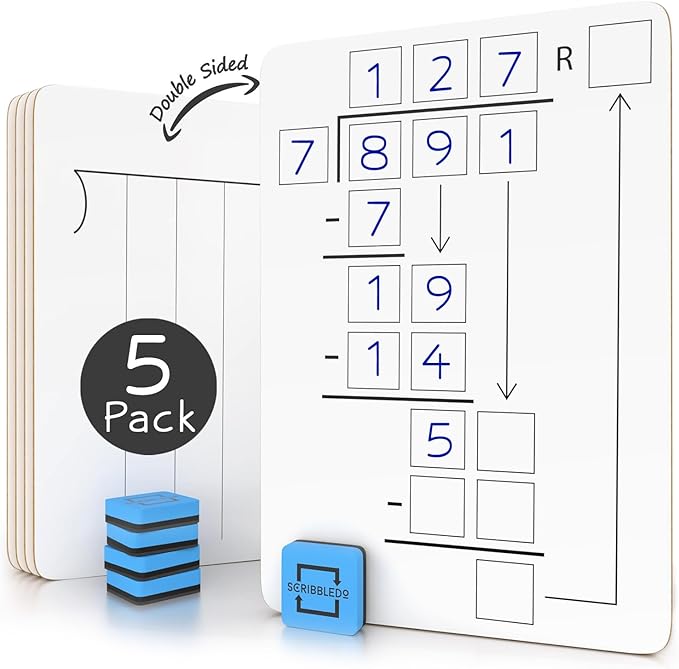 SCRIBBLEDO 5 Pack Dry Erase Division White Boards 9x12Inch Lapboard Double Sided Math Manipulatives Long Division Practice Lapboards for Kids Students, Classroom and Home 5 Whiteboard Erasers Included