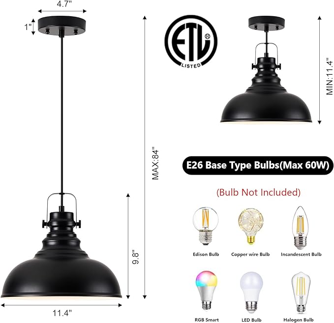 Industrial Pendant Light Fixture, Farmhouse Decor Adjustable Metal Hanging Lamp, Vintage Pendant Lighting for Kitchen Restaurant Dining Room Cafe, E26 Base Black (Black, 1 Pack)