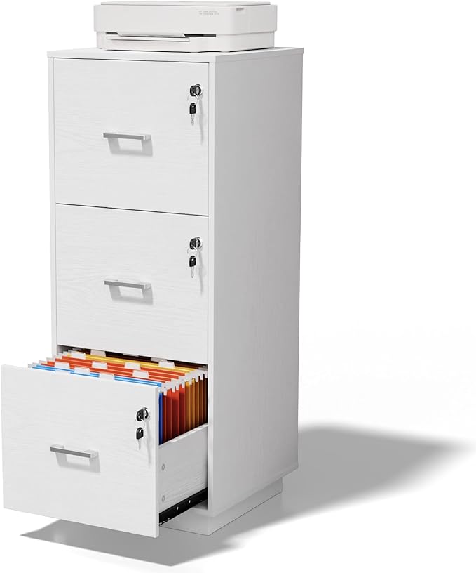 VINGLI 3 Drawer File Cabinet with Lock, Home Office Filing Organizer, for Letter Size File Folder Storage, Wood Tall Vertical Filing Cabinet, Printer Stand, Archivador (White)