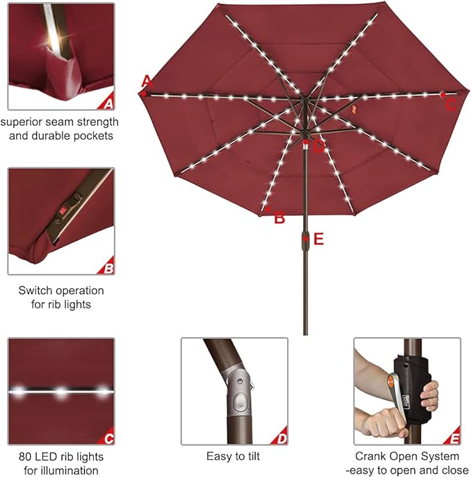 EliteShade USA 10-Year-Non-Fading Solar 9ft 3 Tiers Market Umbrella with 80 LED Lights Patio Umbrellas Outdoor Table with Ventilation,Burgundy
