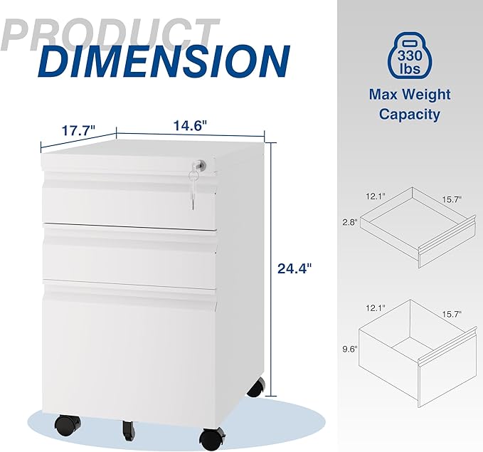 3 Drawer Vertical File Cabinet, Mobile Filling Cabinet with Lock for Legal/Letter Size, Pre-Built Office Storage File Cabinet with Wheels Under Desk - Fully Assembled