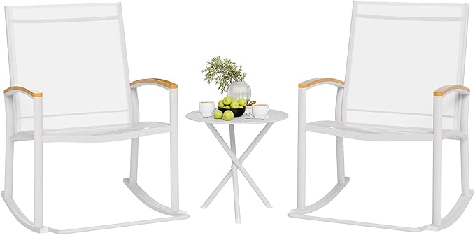 Shintenchi 3 Piece Outdoor Rocking Bistro Set, Textilene Fabric Small Patio Furniture Set, Front Porch Rocker Chairs Conversation Set with Table for Lawn, Garden, Balcony, Poolside (White)