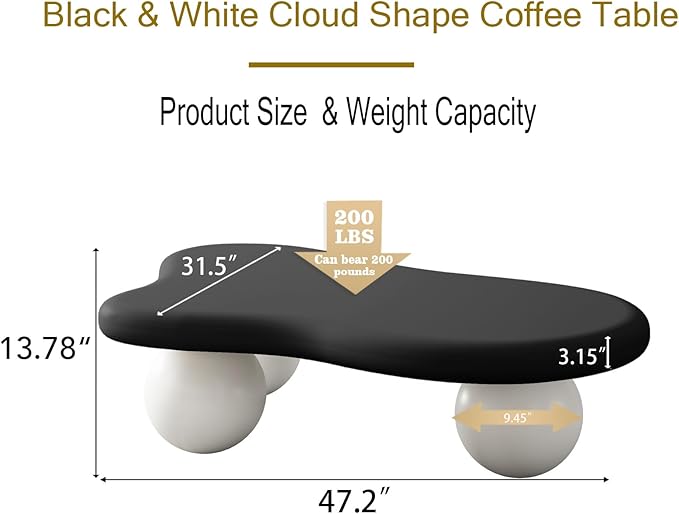 47 Inch Cloud Shaped Coffee Table with 3 Ball Legs for Living Room Black Top White Legs