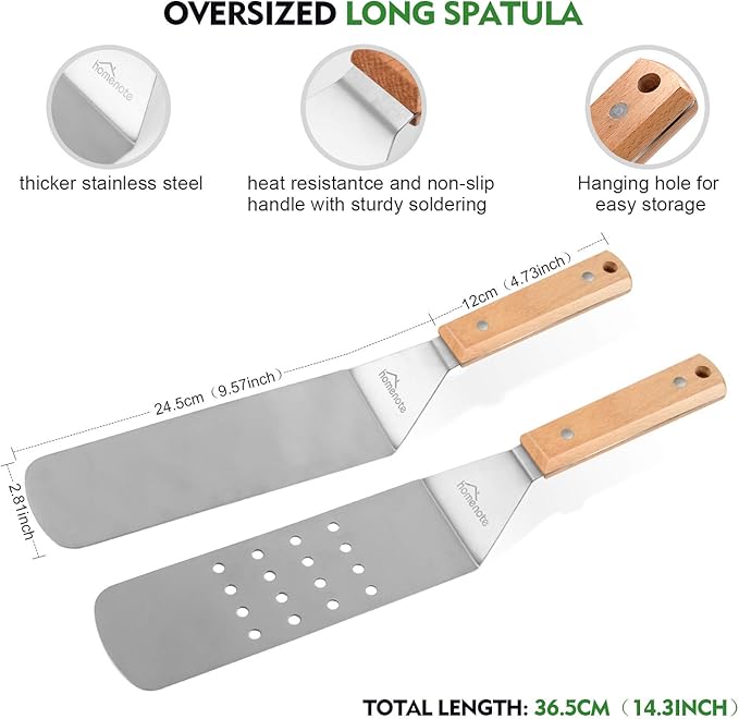 HOMENOTE Griddle Accessories Kit, 7Pc Professional BBQ Kit in Gift Box - Heavy Duty Wooden Handle Stainless Steel Griddle Tool Set Great for Grill Flat Top Cooking Camping, Wood Color
