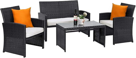 Tangkula Patio Wicker Conversation Furniture Set, Patiojoy Sofa & Table Set w/4 Seats, Outdoor Rattan Sofa Set for Balcony Backyard, Wicker Chair Set with Tempered Glass Coffee Table (1, White)