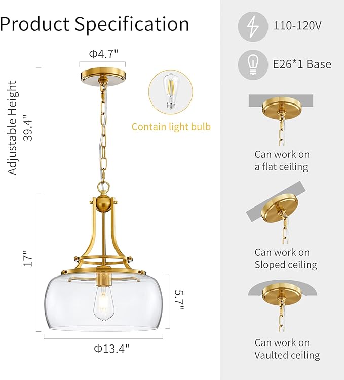 WUZUPS Chandelier Rustic Farmhouse Industrial Round Ceiling Pendant LED Light Fixture with Clear Glass Shades for Dining Room Kitchen Island Foyer Entryway, H 17" x W 13.4", E26 Base, Brushed Gold