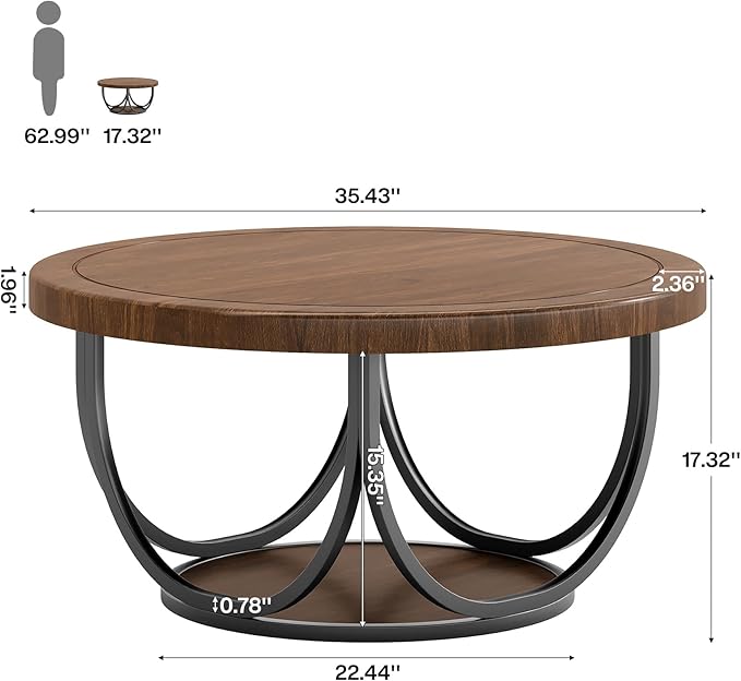 Tribesigns Round Coffee Table with 2 Tiers, 35.4" Wooden Circle Accent Cocktail Table with Storage Shelf and Metal Frame, Industrial Center Tables for Living Room, Brown & Black
