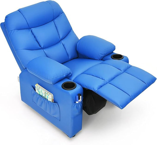 GLACER Kids Recliner Chair w/Cup Holder & Side Pockets, Children Recliner w/Comfortable Backrest, Armrests & Footrest, Toddler PU Leather Recliner for Boys Girls, 3+ Age Group (Blue)