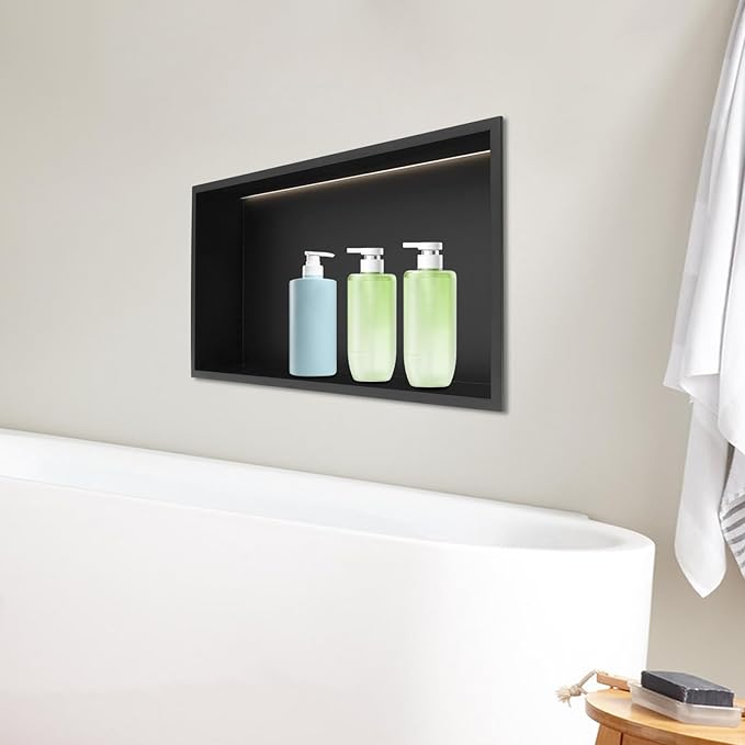 Shower Niche Cabinet, LED Light Shower Ni-Che, 13 x 25 x 4 inch Recessed Wall Niche with LED Strip, No Tile Need Shower Shelf for Bathroom Recessed Wall Shelf Horizontal Ni-Che, Black