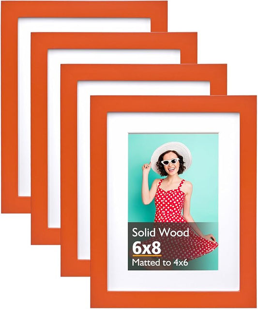 KINLINK 6x8 Picture Frame Orange, Solid Wood Frames with Acrylic Plexiglass for Pictures 4x6 with Mat or 6x8 without Mat, Tabletop and Wall Display Photo Frame, Set of 4