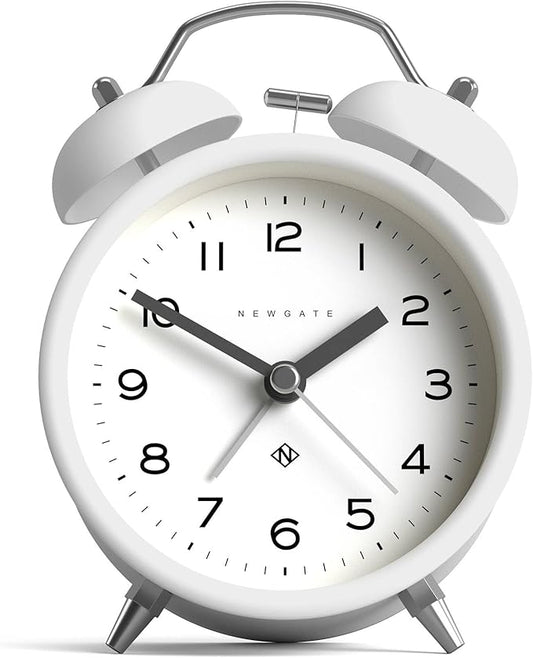 NEWGATE® Charlie Bell Echo Alarm Clock | Modern take on Classic Twin Bell Clock | White | Easy to Read Numbers | Ideal for Bedside, Desk or Shelf | Modern Retro Bedroom & Office Accessory