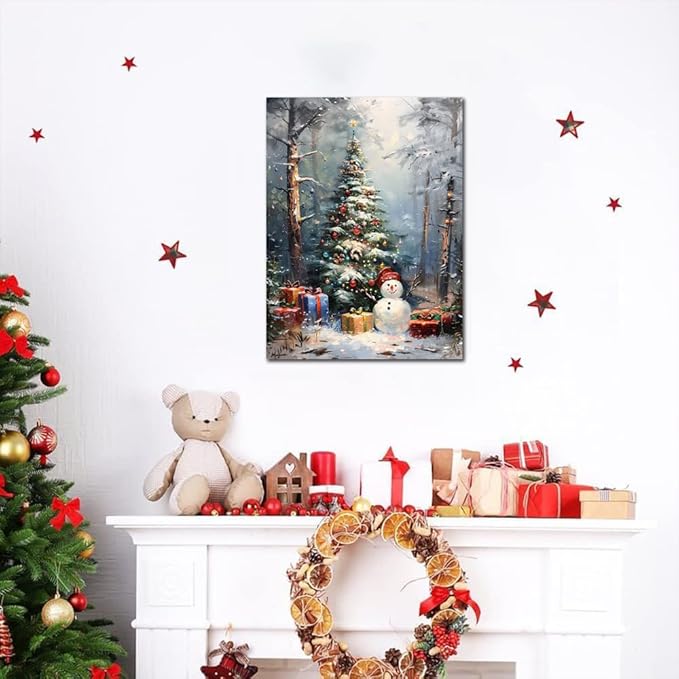 Christmas Wall Art Winter Pine Tree Canvas Pictures Wall Decor Snowman Romantic Christmas Snowman Poster Xmas Tree Prints Painting for Holiday Gifts, for Living Room Bedroom Bathroom Decortions 16x20inch