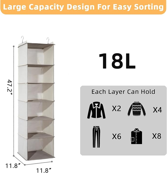 6-Shelf Hanging Closet Organizer and Storage, Collapsible Hanging Shelves for Closet with 2 Side Pockets, Hanging Shoe Organizer to Saving Space,Beige