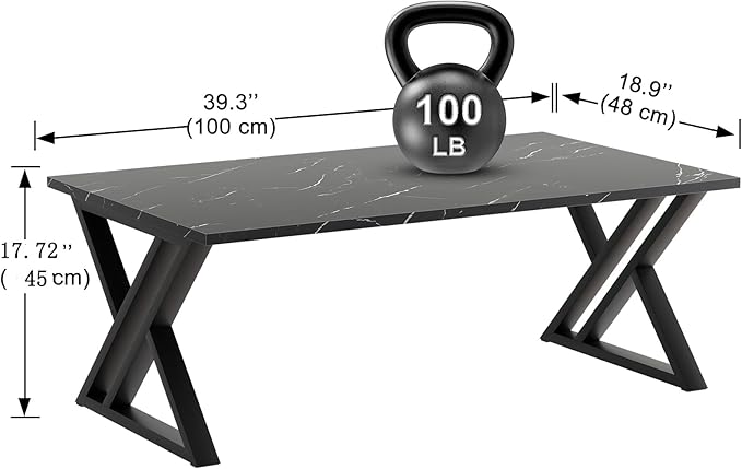 Coffee Table Living Room Table Black Center Table, Simple Modern Faux Marble Rectangular Tea Table with Sturdy Black-Finished Metal Frame,Industrial Wooden Coffee Table for Bedroom Home Office