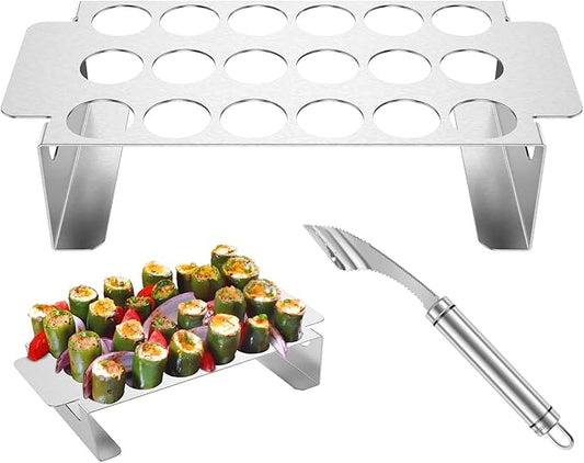 2Pcs Jalapeno Poppers Rack for Grill with Pepper Corer Tool, 18 Holes Poppin Popper holder jalapeños Vooker Pepper Grilling Rack, Stainless Steel Chili Roasting Rack BBQ Pepper Holder
