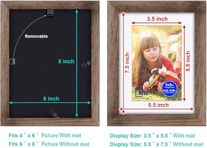 RPJC 6x8 inch Picture Frame Made of Solid Wood and High Definition Glass Display Pictures 4x6 with Mat or 6x8 Without Mat for Wall Mounting Photo Frame Carbonized