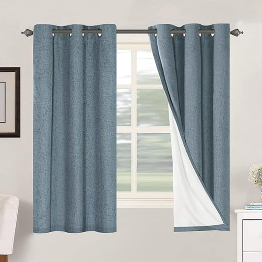 H.VERSAILTEX Primitive Linen Curtains 100% Blackout Curtain Drapes Burlap Curtains with White Thermal Insulated Liner, Grommet Top Drapes Living Room/Bedroom (2 Panels, 42 x 63 Inch, Stone Blue)