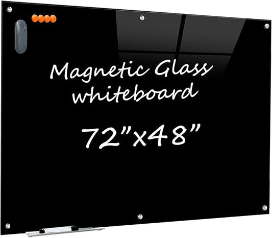 Black Glass Dry Erase Board - 72"X48" Magnetic Blackboard Large Frameless Whiteboard Clear Glass Wlack Boards with Super Strong Magnets, Wall Mounted for Office, School and Home