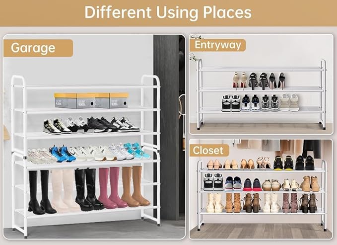 KEETDY 3-Tier Long Shoe Rack for Closet Metal Shoe Organizer for Entryway, Wide Stackable Shoe Storage Shelf with Sturdy Wire Grid for Closet Floor, Bedroom, White