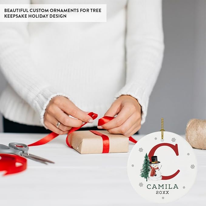 Andaz Press Personalized Christmas Ornament, Custom Name, Initial C Monogram Snowman 2.8" Ceramic Porcelain 2025 Christmas Ornament Keepsake for Kids, Boys, Girls 1-Pack Initial Ornaments