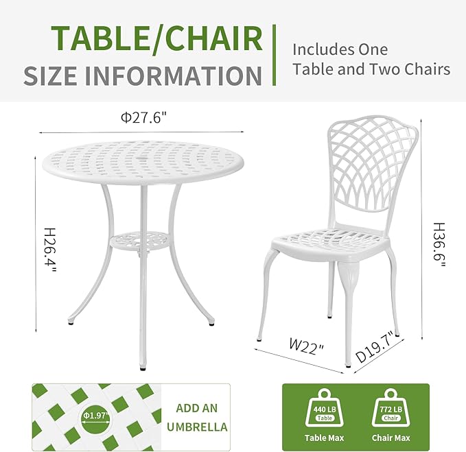 3 Piece Outdoor Bistro Set, Cast Aluminum Outdoor Bistro Table and Chairs Set of 2, Rust-Resistant Patio Furniture Set, White Bistro Set 3 Piece Outdoor for Garden, Backyard, Balcony