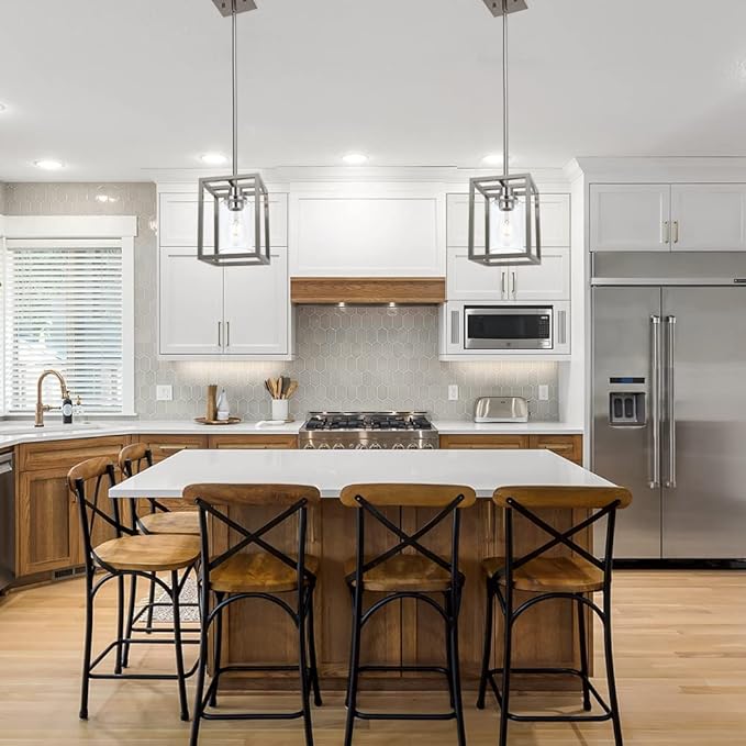 VINLUZ Contemporary Pendant Lighting,Single 1 Light Brushed Nickel Cage Hanging Light with Clear Glass Shade for Kitchen Island Entryway Dining Room Hallway Porch