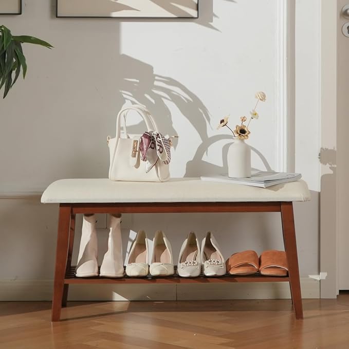 Entryway Shoe Bench, 35.4" Bamboo Bench for Bedroom End of Bed, 2-Tier Shoe Rack with Cushion Padded Seat, Shoe Organizer Stable for Entry Hallway Living Room Bedroom, 35.4"W x11.2"D x 17.7"H