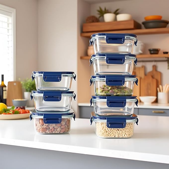 Square Glass Food Storage Containers With Lids，2 Cup Square Glass Containers With Lids, Small Food Containers, 16 oz Leak-proof lunch Bowls, Dishwasher Microwave Freezer Safe -(Dark Blue)