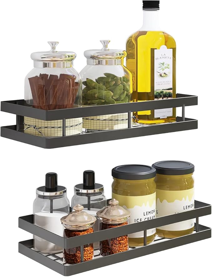 Spice Rack Organizer Wall Mount, 10" Hanging Black Spice Organizer Shelf, Farmhouse Seasoning Organizer, Space Shelves Holder for Kitchen, Flexible Bathroom Organizer (2 Pack)