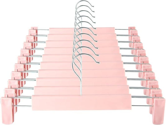 Clothes Pants Hangers, Space-Saving Skirt Holders with 360 ° Swivel Hooks, Adjustable Clips, Trouser Hangers, Clothes Coat Garment Jeans Hangers (10 Pack, Pink)