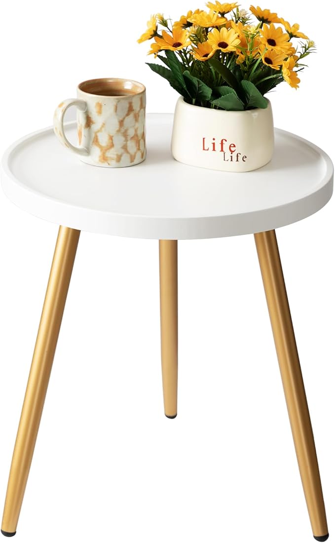 danpinera Round Side Table, Metal Legged Accent Table with Wooden Tray, Small Round End Table for Living Room, Bedroom, Nursery, White & Gold