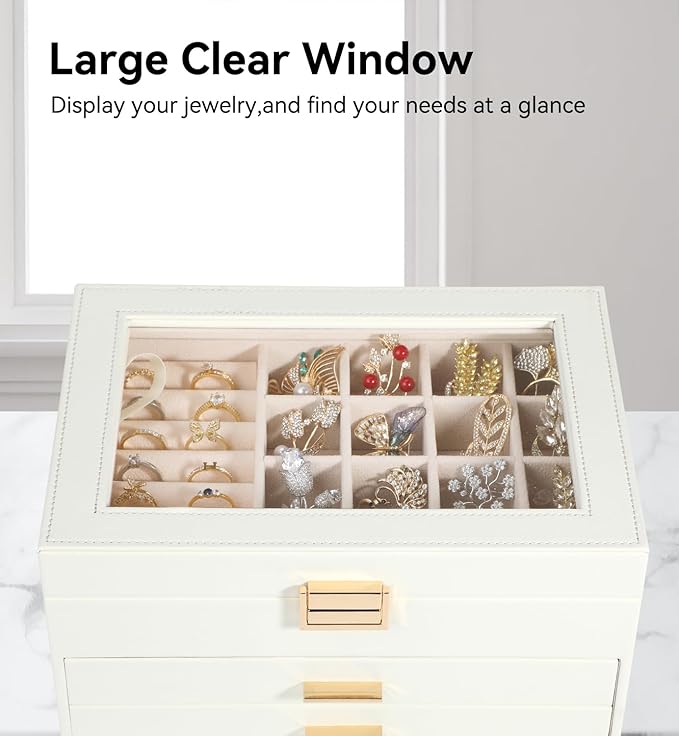 Voova Jewelry Box Organizer for Women Girls, 3 Layer PU Leather Jewelry Storage Case with Glass Lid & 2 Drawers, Large Jewellery Display Holder for Necklaces Rings Earrings Bracelets, White
