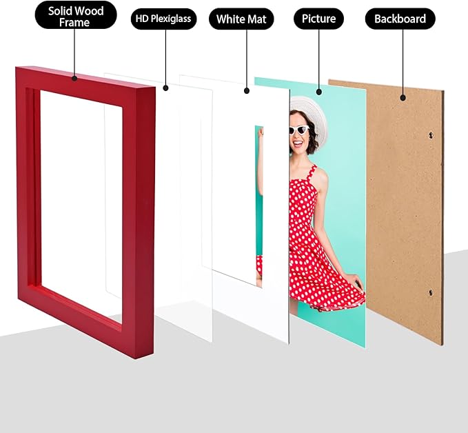 KINLINK 6x8 Picture Frame Red, Solid Wood Frames with Acrylic Plexiglass for Pictures 4x6 with Mat or 6x8 without Mat, Tabletop and Wall Display Photo Frame, Set of 4