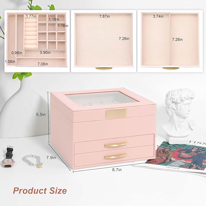 Jewelry Holder Organizer,3 Tiers Leather Jewelry Set Box with 2 Drawers,Jewelry Box for Women Girls,Large Capacity Jewelry Holder Box (Pink)