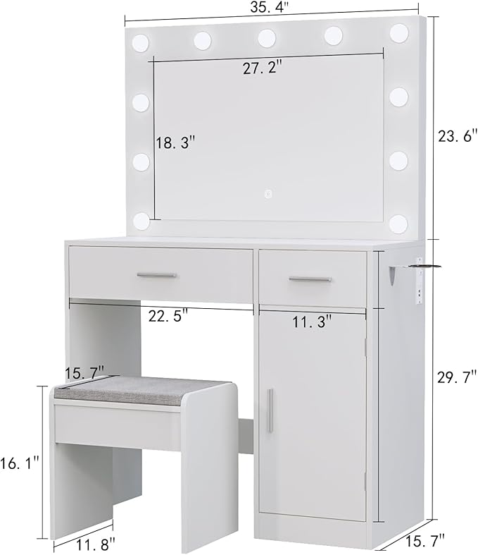 Makeup Vanity with Stool, Large Drawer and Power Socket with 11 Light Bulbs and 3 Adjustable Lighting Modes, Vanity Table for Bedroom (White)