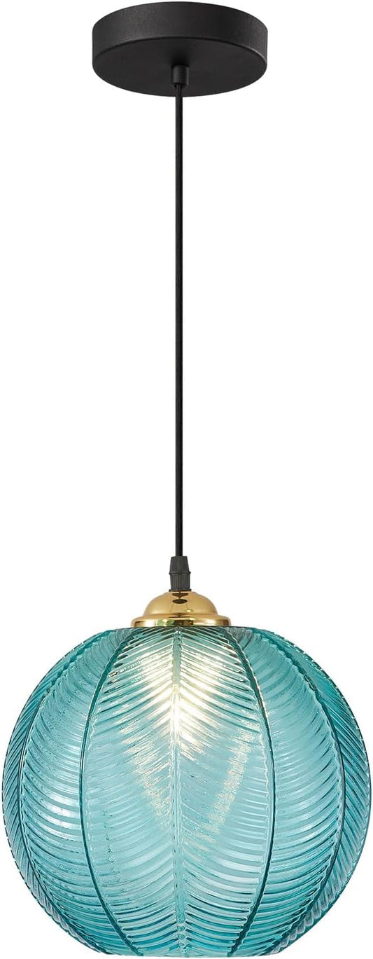 KCO Lighting Mid Century Modern Blue Glass Pendant Light Large Globe Kitchen Island Dining Pendant Lights Black Round Ceiling Hanging Lighting Fixture Adjustable Cord Farmhouse Foyer Chandelier