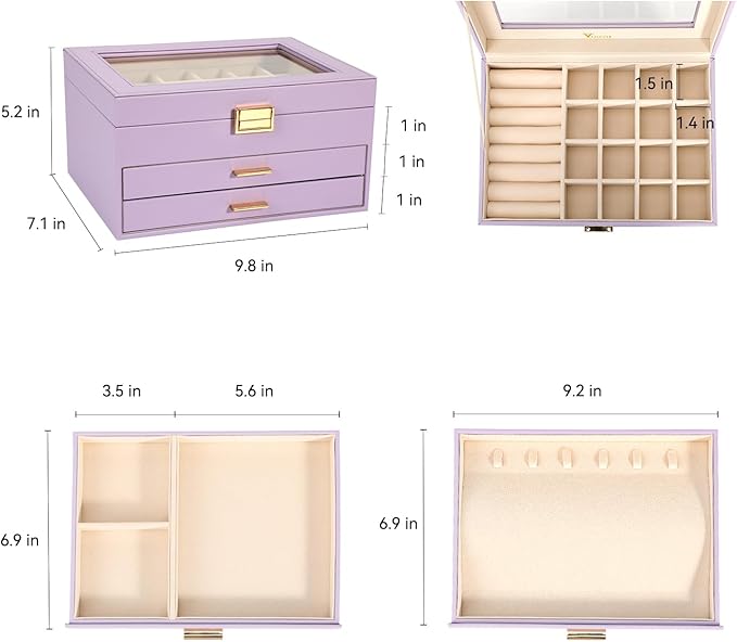 Voova Jewelry Box Organizer for Women Girls, 3 Layer PU Leather Jewelry Storage Case with Glass Lid & 2 Drawers, Large Jewellery Display Holder for Necklaces Rings Earrings Bracelets, Lavender