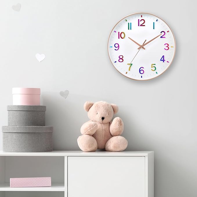 HZDHCLH Kid Wall Clocks Battery Operated,12 inch Silent Non Ticking Modern Wall Clock for Nursery Kids Room Living Room Bedroom Kitchen Office Classroom Decor